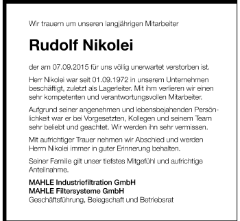 Traueranzeige von Rudolf Nikolei 