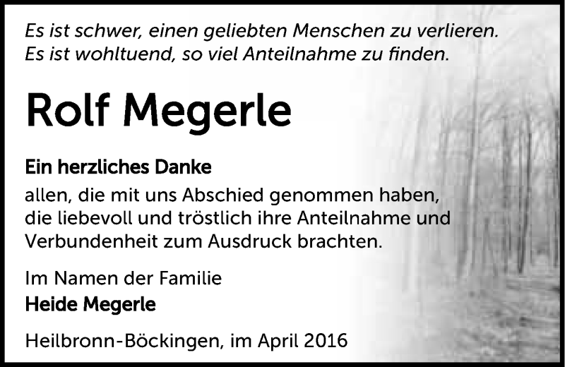  Traueranzeige für Rolf Megerle vom 09.04.2016 aus 