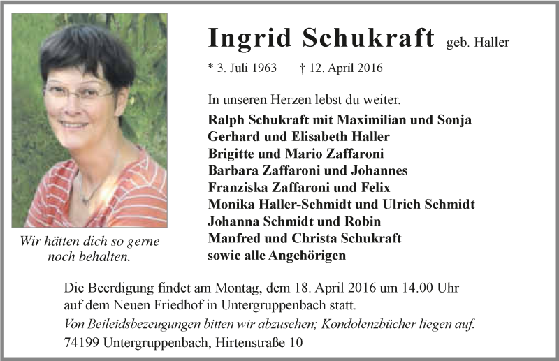  Traueranzeige für Ingrid Schukraft vom 15.04.2016 aus 
