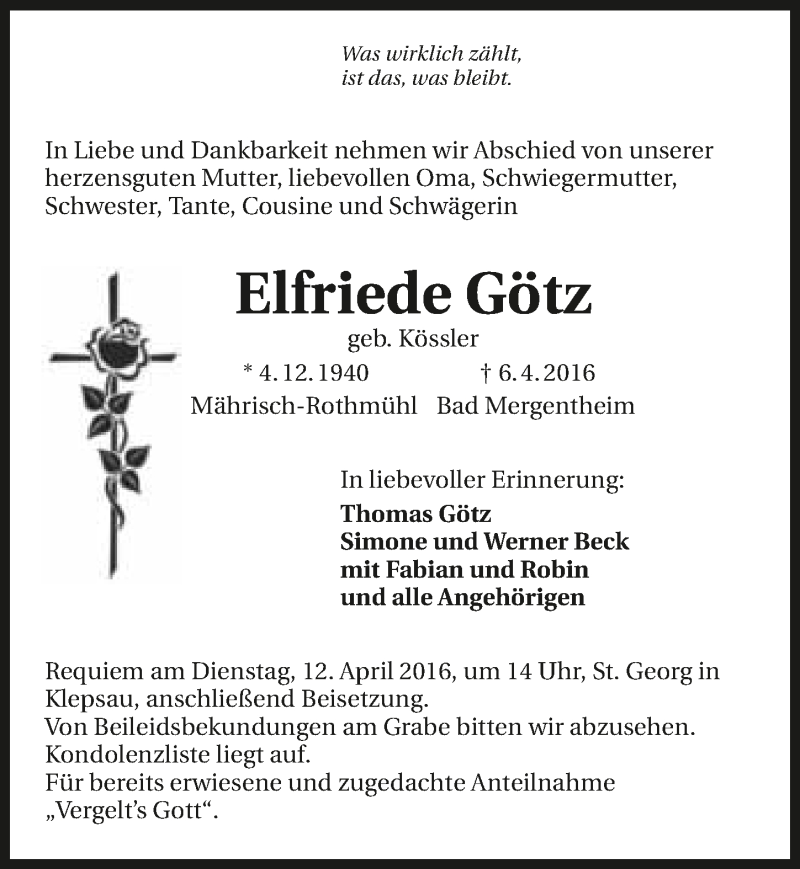  Traueranzeige für Elfriede Götz vom 09.04.2016 aus 