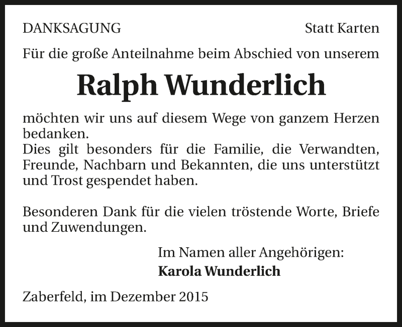  Traueranzeige für Ralph Wunderlich vom 30.12.2015 aus 