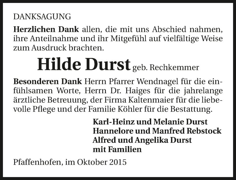  Traueranzeige für Hilde Durst vom 17.10.2015 aus 
