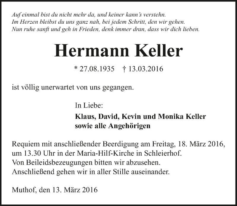  Traueranzeige für Hermann Keller vom 16.03.2016 aus 