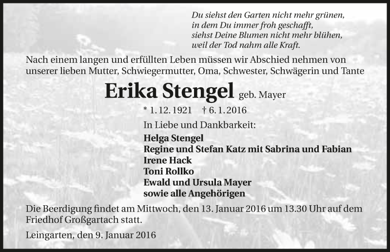  Traueranzeige für Erika Stengel vom 09.01.2016 aus 