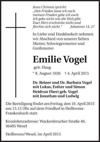 Traueranzeige von Emilie Vogel 
