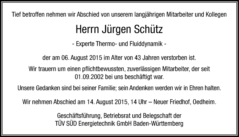  Traueranzeige für Jürgen Schütz vom 12.08.2015 aus 