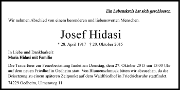 Traueranzeige von Josef Hidasi 