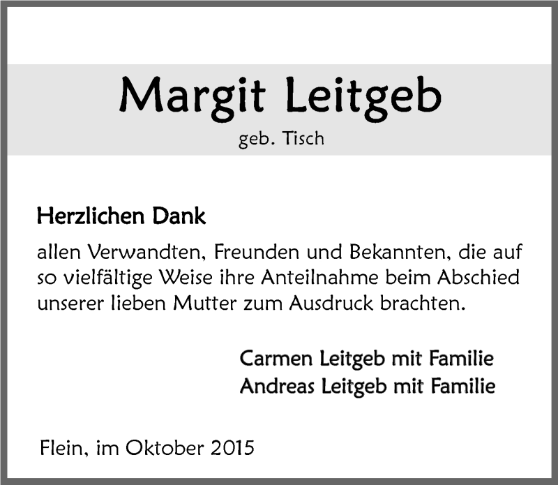  Traueranzeige für Margit Leitgeb vom 17.10.2015 aus 
