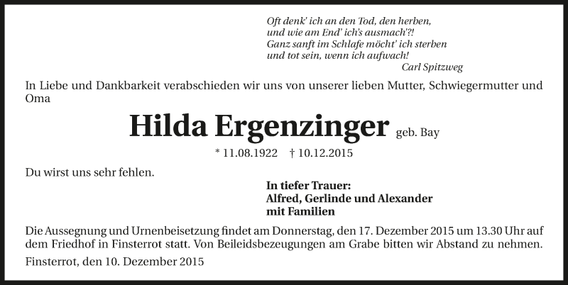  Traueranzeige für Hilda Ergenzinger vom 15.12.2015 aus 