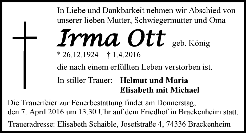  Traueranzeige für Irma Ott vom 05.04.2016 aus 