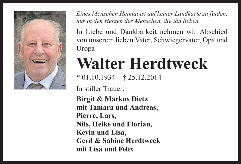  Traueranzeige für Walter Herdtweck vom 30.12.2014 aus 