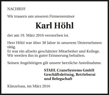 Traueranzeige von Karl Höhl 
