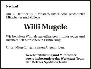 Traueranzeige von Willi Mugele 