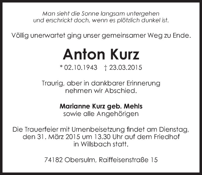  Traueranzeige für Anton Kurz vom 26.03.2015 aus 