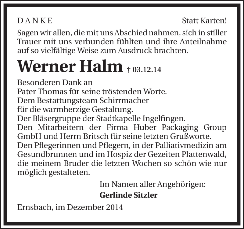  Traueranzeige für Werner Halm vom 20.12.2014 aus 