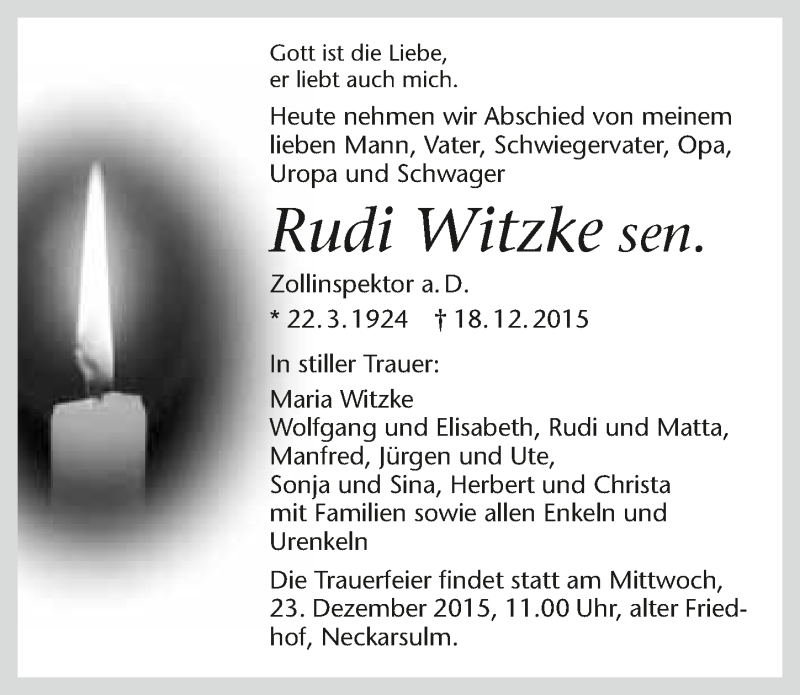 Traueranzeige für Rudi Witzke vom 22.12.2015 aus 