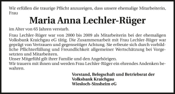 Traueranzeige von Maria-Anna Lechler-Rüger 