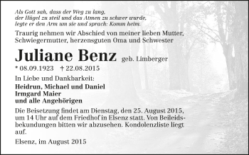 Traueranzeige von Juliane Benz 