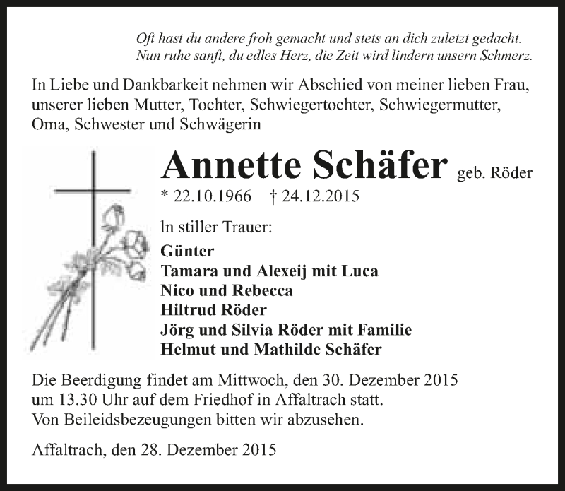  Traueranzeige für Annette Schäfer vom 28.12.2015 aus 