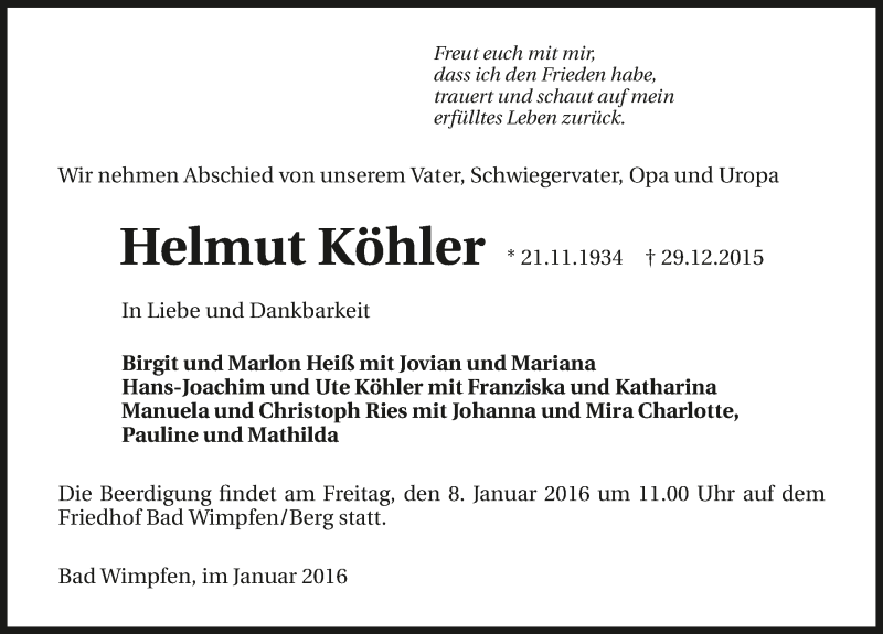  Traueranzeige für Helmut Köhler vom 04.01.2016 aus 