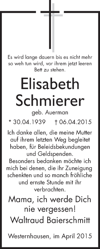 Traueranzeige von Elisabeth Schmierer 