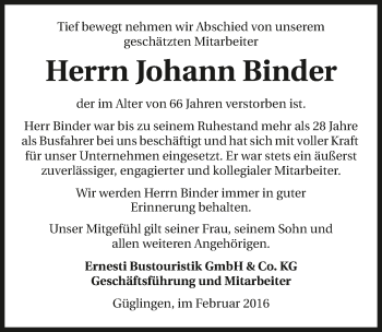 Traueranzeige von Johann Binder 