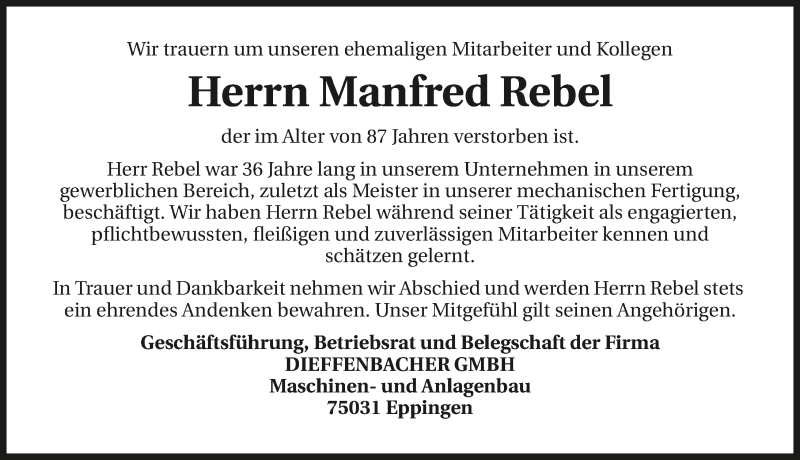 Traueranzeige für Manfred Rebel vom 08.07.2015 aus 