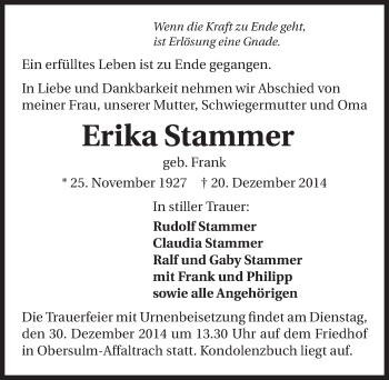Traueranzeige von Erika Stammer 