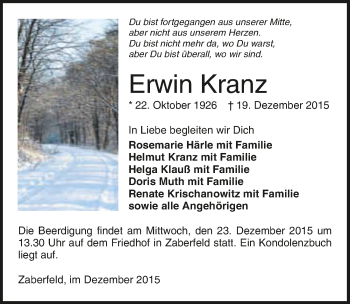 Traueranzeige von Erwin Kranz 