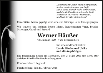 Traueranzeige von Werner Häusser 