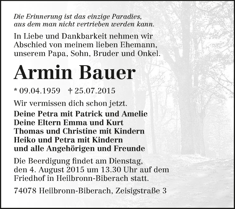  Traueranzeige für Armin Bauer vom 01.08.2015 aus 