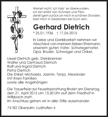 Traueranzeige von Gerhard Dietrich 