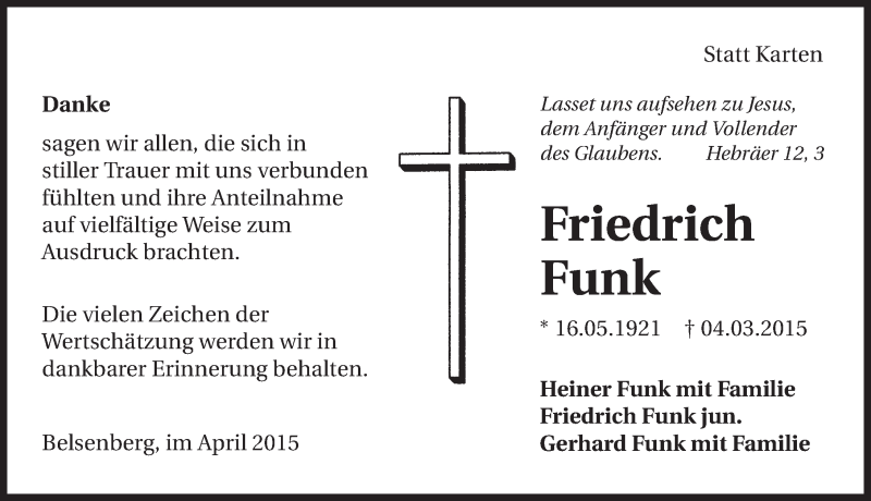  Traueranzeige für Friedrich Funk vom 09.04.2015 aus 