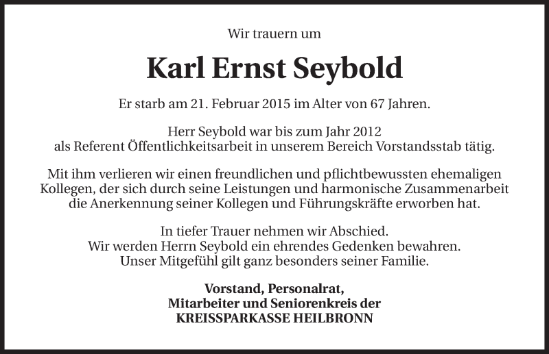  Traueranzeige für Karl Ernst Seybold vom 24.02.2015 aus 