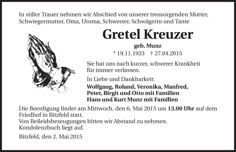  Traueranzeige für Gretel Kreuzer vom 02.05.2015 aus 