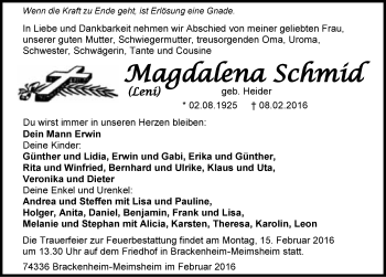 Traueranzeige von Magdalena Schmid 