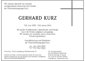 Traueranzeige von Gerhard Kurz 