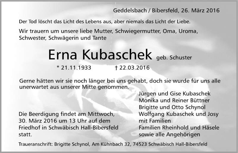  Traueranzeige für Erna Kubaschek vom 26.03.2016 aus 