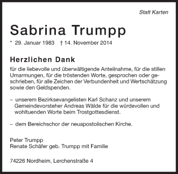 Traueranzeige von Sabrina Trumpp 