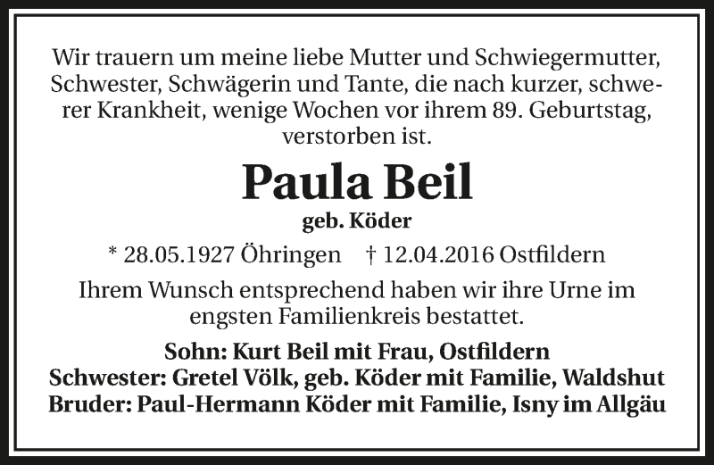  Traueranzeige für Paula Beil vom 03.05.2016 aus 