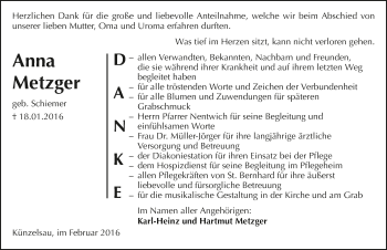 Traueranzeige von Anna Metzger 