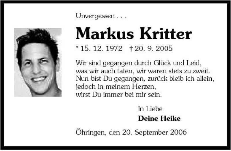  Traueranzeige für Markus Kritter vom 20.09.2006 aus 