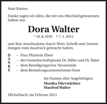 Traueranzeige von Dora Walter 