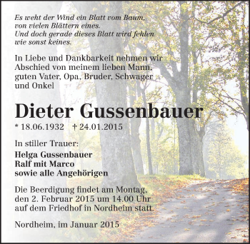 Traueranzeige von Dieter Gussenbauer 
