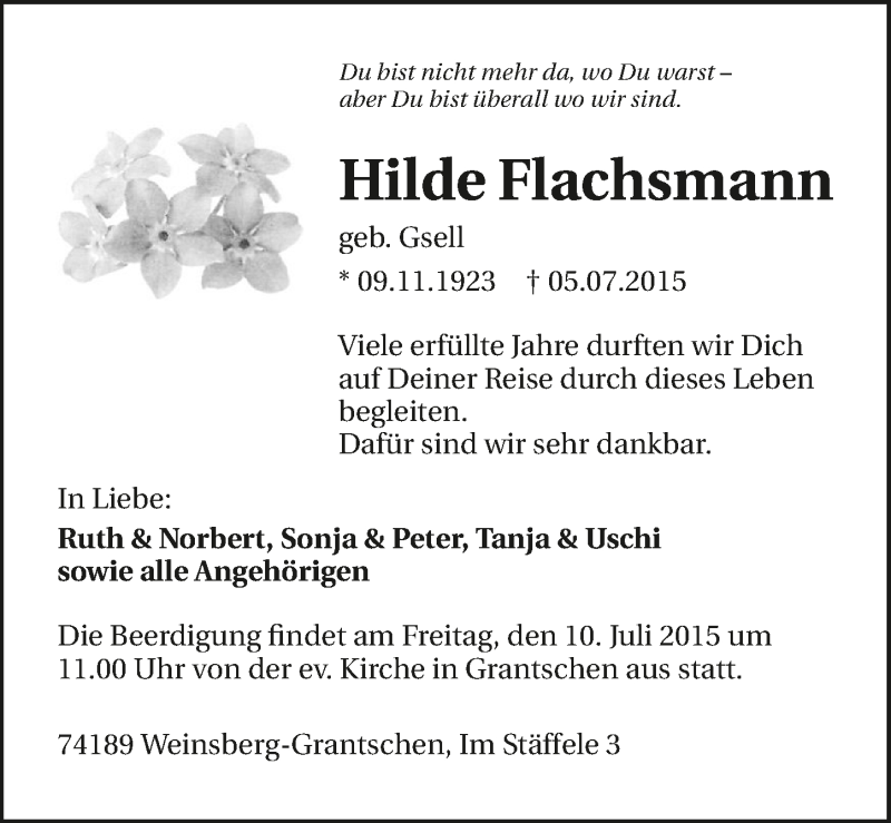  Traueranzeige für Hilde Flachsmann vom 07.07.2015 aus 