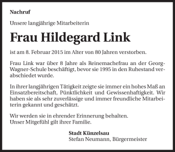 Traueranzeige von Hildegard Link 