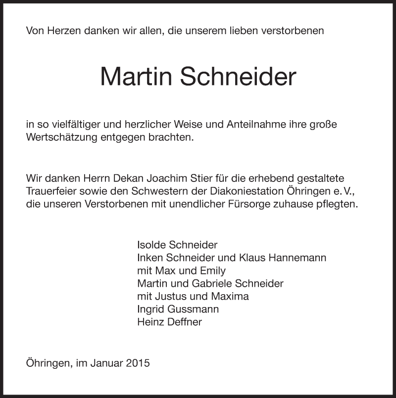 Traueranzeige für Martin Schneider vom 31.01.2015 aus 