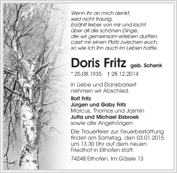 Traueranzeige von Doris Fritz 