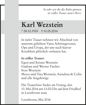 Traueranzeige von Karl Wezstein 