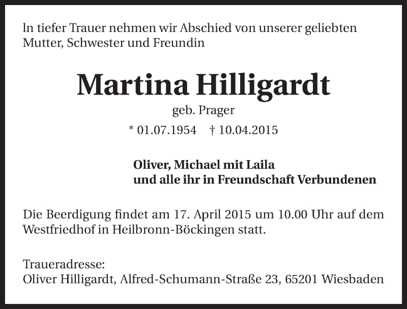  Traueranzeige für Martina Hilligardt vom 14.04.2015 aus 